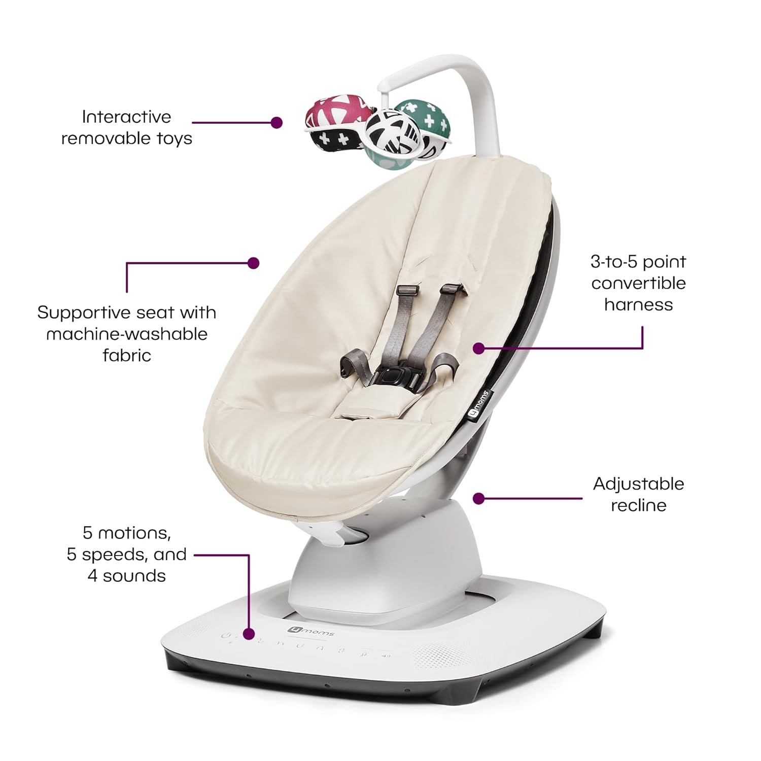 4moms MamaRoo Multi-Motion Baby Swing, Bluetooth Enabled with 5 Unique Motions, Birch / White