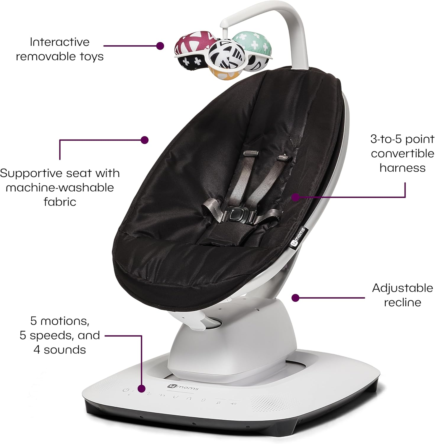 4moms MamaRoo Multi-Motion Baby Swing in Classic Black with Plush Infant Insert, Dark Grey